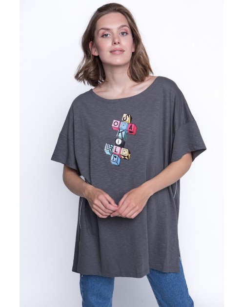 Sofa Killer pilki medvilniniai marškinėliai su aplikacija Cubic cross